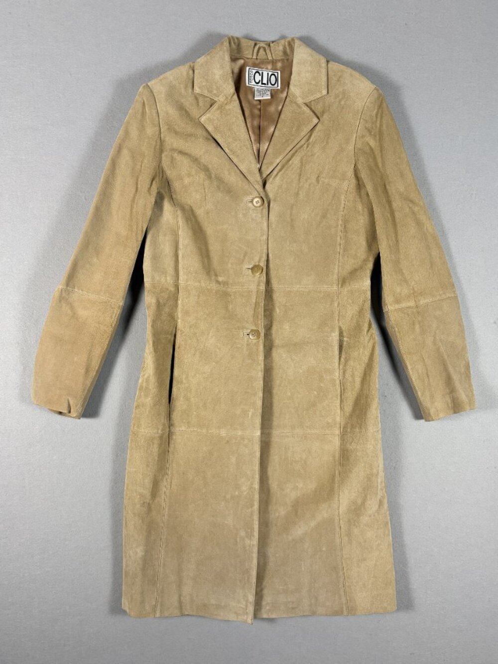 CLIO Women’s Tan Suede Leather Coat – Size 8 – Vintage Style – Fully Lined